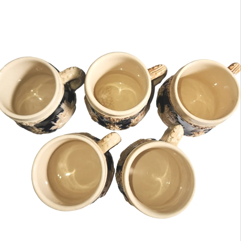 Vintage Wick-Works German Made Blue & Ivory Stoneware Punch‎ Cups 5 Piece Set